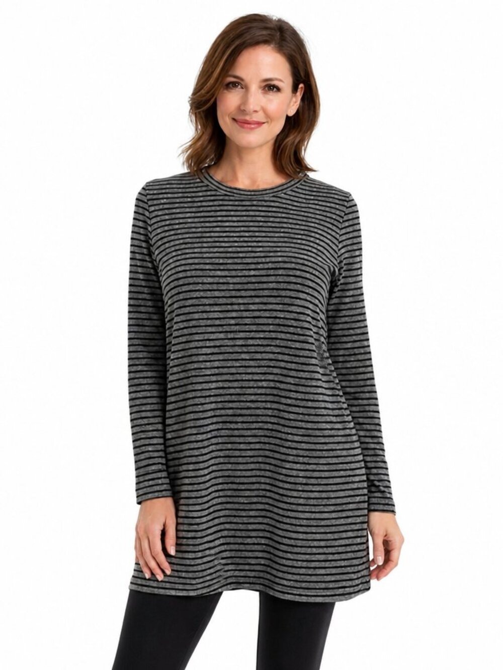 Eileen Fisher Gray Black Stripe Tunic Small Petite Long Sleeve Crew Neck